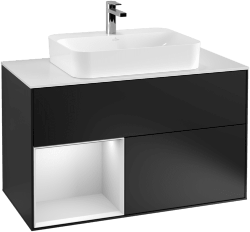 VILLEROY BOCH Toaletní skříňka Finion, s osvětlením, 2 výsuvy, 1000 x 603 x 501 mm, černý matný lak / bílý matný lak / bílé matné sklo #F361MTPD