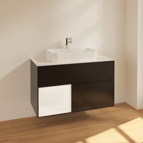 VILLEROY BOCH Toaletní skříňka Finion, s osvětlením, 2 výsuvy, 1000 x 603 x 501 mm, černý matný lak / bílý matný lak / bílé matné sklo #F361MTPD, obrázek 2
