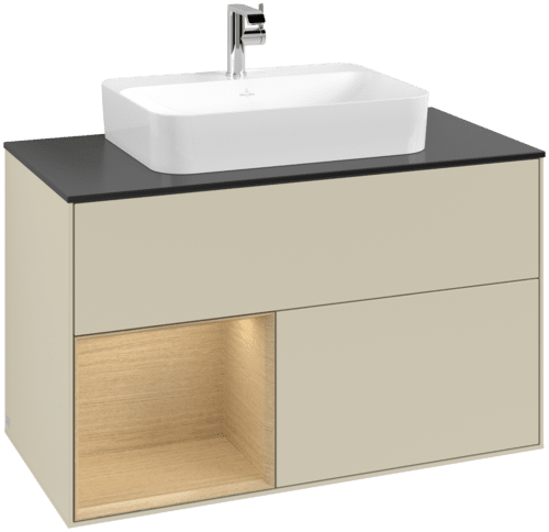 VILLEROY BOCH Toaletní skříňka Finion, s osvětlením, 2 výsuvy, 1000 x 603 x 501 mm, hedvábně šedý matný lak / dubová dýha / černé matné sklo #F362PCHJ