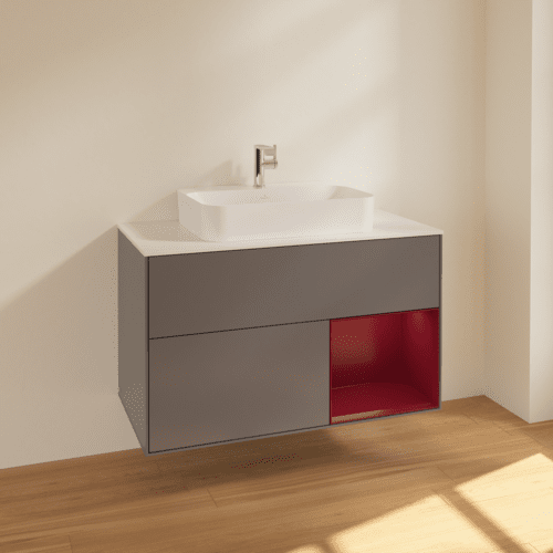 VILLEROY BOCH Toaletní skříňka Finion, s osvětlením, 2 výsuvy, 1000 x 603 x 501 mm, antracit matný lak / pivoňka matný lak / sklo bílé matné #F371HBGK, obrázek 2