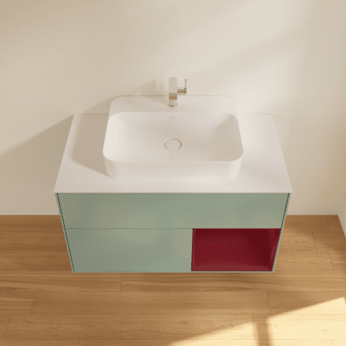 VILLEROY BOCH Toaletní skříňka Finion, s osvětlením, 2 výsuvy, 1000 x 603 x 501 mm, olivový matný lak / pivoňkový matný lak / bílé matné sklo #F371HBGM, obrázek 4