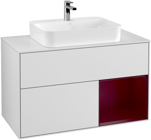 VILLEROY BOCH Toaletní skříňka Finion, s osvětlením, 2 výsuvy, 1000 x 603 x 501 mm, bílý matný lak / pivoňkový matný lak / bílé matné sklo #F371HBMT