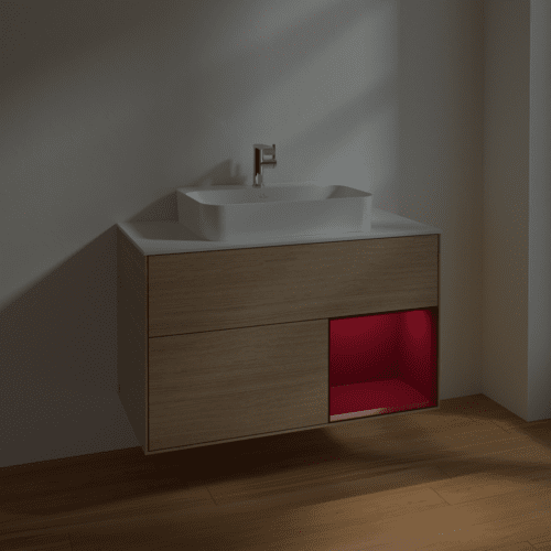VILLEROY BOCH Toaletní stolek Finion, s osvětlením, 2 výsuvy, 1000 x 603 x 501 mm, dubová dýha / matný lak Pivoňka / matné bílé sklo #F371HBPC, obrázek 5