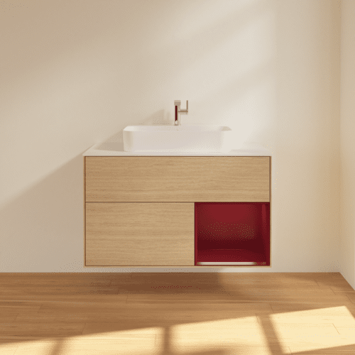 VILLEROY BOCH Toaletní stolek Finion, s osvětlením, 2 výsuvy, 1000 x 603 x 501 mm, dubová dýha / matný lak Pivoňka / matné bílé sklo #F371HBPC, obrázek 3