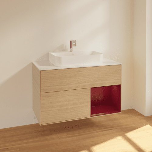 VILLEROY BOCH Toaletní stolek Finion, s osvětlením, 2 výsuvy, 1000 x 603 x 501 mm, dubová dýha / matný lak Pivoňka / matné bílé sklo #F371HBPC, obrázek 2