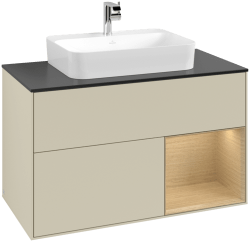 VILLEROY BOCH Toaletní skříňka Finion, s osvětlením, 2 výsuvy, 1000 x 603 x 501 mm, hedvábně šedý matný lak / dubová dýha / černé matné sklo #F372PCHJ