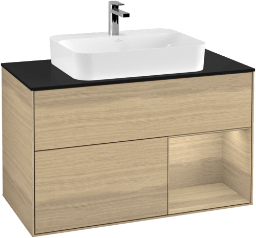 VILLEROY BOCH Toaletní stolek Finion, s osvětlením, 2 výsuvy, 1000 x 603 x 501 mm, dubová dýha / dubová dýha / sklo černé matné #F372PCPC