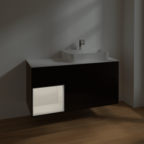 VILLEROY BOCH Toaletní skříňka Finion, s osvětlením, 3 výsuvy, 1200 x 603 x 501 mm, černý matný lak / bílý lesklý lak / bílé matné sklo #F391GFPD, obrázek 5