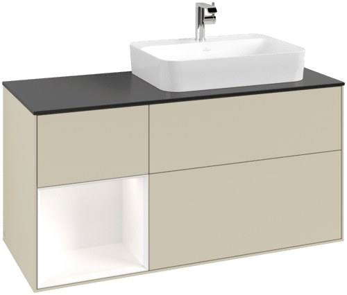 VILLEROY BOCH Toaletní skříňka Finion, s osvětlením, 3 výsuvy, 1200 x 603 x 501 mm, Silk Grey Matt Lacquer / White Matt Lacquer / Glass Black Matt #F392MTHJ