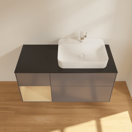 VILLEROY BOCH Toaletní skříňka Finion, s osvětlením, 3 výsuvy, 1200 x 603 x 501 mm, antracitový matný lak / dubová dýha / černé matné sklo #F392PCGK, obrázek 4