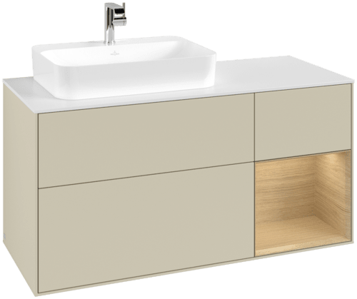VILLEROY BOCH Toaletní skříňka Finion, s osvětlením, 3 výsuvy, 1200 x 603 x 501 mm, hedvábně šedý matný lak / dubová dýha / bílé matné sklo #F401PCHJ