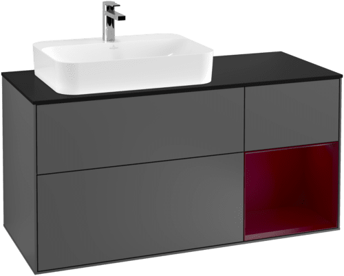 VILLEROY BOCH Toaletní skříňka Finion, s osvětlením, 3 výsuvy, 1200 x 603 x 501 mm, antracitový matný lak / pivoňkový matný lak / černé matné sklo #F402HBGK