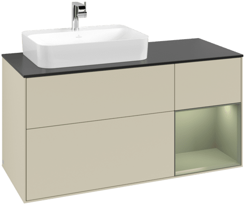 VILLEROY BOCH Toaletní skříňka Finion, s osvětlením, 3 výsuvy, 1200 x 603 x 501 mm, hedvábně šedý matný lak / olivový matný lak / černé matné sklo #F402GMHJ