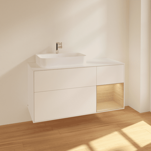 VILLEROY BOCH Toaletní skříňka Finion, s osvětlením, 3 výsuvy, 1200 x 603 x 501 mm, bílý matný lak / dubová dýha / sklo bílé matné #F401PCMT, obrázek 2