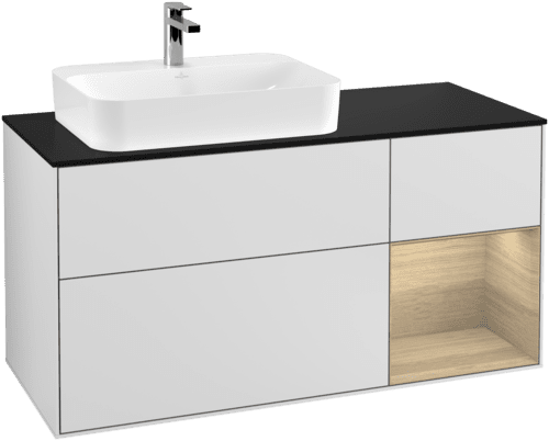 VILLEROY BOCH Toaletní skříňka Finion, s osvětlením, 3 výsuvy, 1200 x 603 x 501 mm, bílý matný lak / dubová dýha / černé matné sklo #F402PCMT