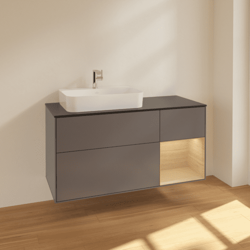 VILLEROY BOCH Toaletní skříňka Finion, s osvětlením, 3 výsuvy, 1200 x 603 x 501 mm, antracitový matný lak / dubová dýha / černé matné sklo #F402PCGK, obrázek 2