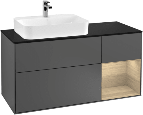 VILLEROY BOCH Toaletní skříňka Finion, s osvětlením, 3 výsuvy, 1200 x 603 x 501 mm, antracitový matný lak / dubová dýha / černé matné sklo #F402PCGK