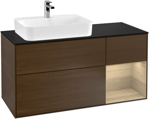 VILLEROY BOCH Toaletní skříňka Finion, s osvětlením, 3 výsuvy, 1200 x 603 x 501 mm, ořechová dýha / dubová dýha / sklo černé matné #F402PCGN