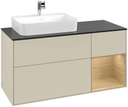 VILLEROY BOCH Toaletní skříňka Finion, s osvětlením, 3 výsuvy, 1200 x 603 x 501 mm, hedvábně šedý matný lak / dubová dýha / černé matné sklo #F402PCHJ