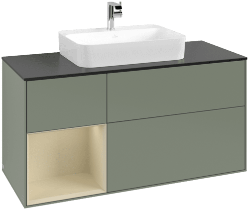 VILLEROY BOCH Toaletní skříňka Finion, s osvětlením, 3 výsuvy, 1200 x 603 x 501 mm, olivový matný lak / hedvábně šedý matný lak / černé matné sklo #F412HJGM