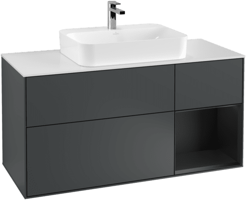 VILLEROY BOCH Toaletní skříňka Finion, s osvětlením, 3 výsuvy, 1200 x 603 x 501 mm, Midnight Blue Matt Lacquer / Black Matt Lacquer / Glass White Matt #F421PDHG