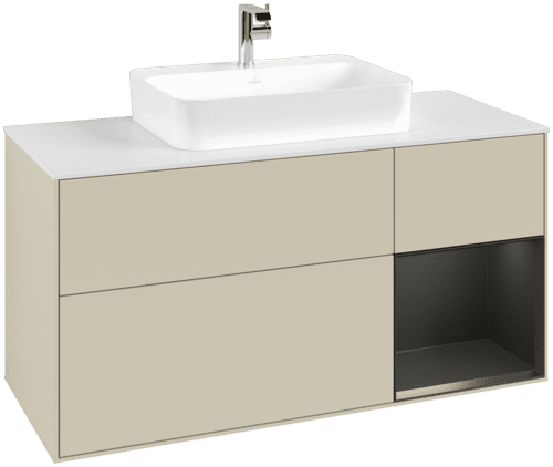 VILLEROY BOCH Toaletní skříňka Finion, s osvětlením, 3 výsuvy, 1200 x 603 x 501 mm, hedvábně šedý matný lak / černý matný lak / bílé matné sklo #F421PDHJ