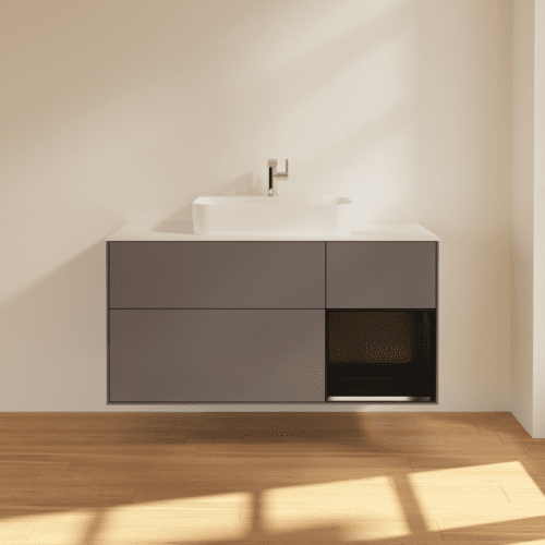 VILLEROY BOCH Toaletní skříňka Finion, s osvětlením, 3 výsuvy, 1200 x 603 x 501 mm, antracitový matný lak / černý matný lak / bílé matné sklo #F421PDGK, obrázek 3