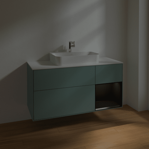 VILLEROY BOCH Toaletní skříňka Finion, s osvětlením, 3 výsuvy, 1200 x 603 x 501 mm, olivový matný lak / černý matný lak / bílé matné sklo #F421PDGM, obrázek 5