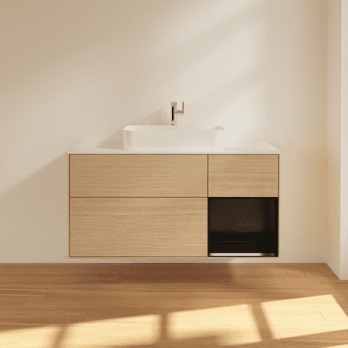 VILLEROY BOCH Toaletní skříňka Finion, s osvětlením, 3 výsuvy, 1200 x 603 x 501 mm, dubová dýha / černý matný lak / bílé matné sklo #F421PDPC, obrázek 3