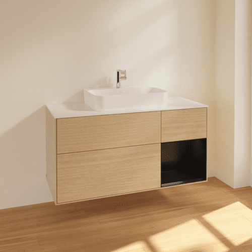 VILLEROY BOCH Toaletní skříňka Finion, s osvětlením, 3 výsuvy, 1200 x 603 x 501 mm, dubová dýha / černý matný lak / bílé matné sklo #F421PDPC, obrázek 2