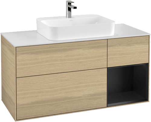 VILLEROY BOCH Toaletní skříňka Finion, s osvětlením, 3 výsuvy, 1200 x 603 x 501 mm, dubová dýha / černý matný lak / bílé matné sklo #F421PDPC