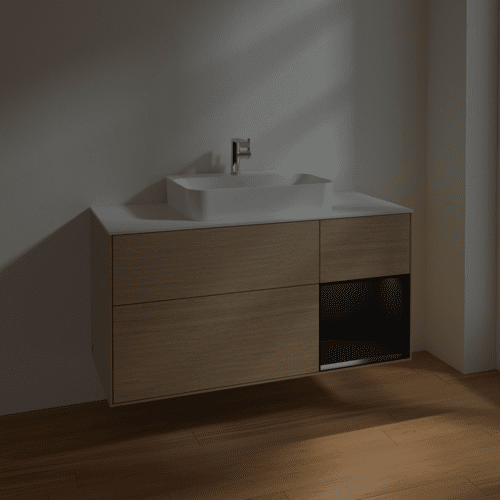 VILLEROY BOCH Toaletní skříňka Finion, s osvětlením, 3 výsuvy, 1200 x 603 x 501 mm, dubová dýha / černý matný lak / bílé matné sklo #F421PDPC, obrázek 5