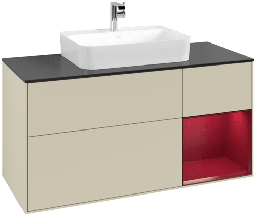 VILLEROY BOCH Toaletní skříňka Finion, s osvětlením, 3 výsuvy, 1200 x 603 x 501 mm, Silk Grey Matt Lacquer / Peony Matt Lacquer / Glass Black Matt #F422HBHJ