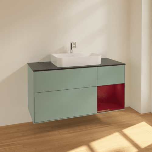 VILLEROY BOCH Toaletní skříňka Finion, s osvětlením, 3 výsuvy, 1200 x 603 x 501 mm, olivový matný lak / pivoňkový matný lak / černé matné sklo #F422HBGM, obrázek 2