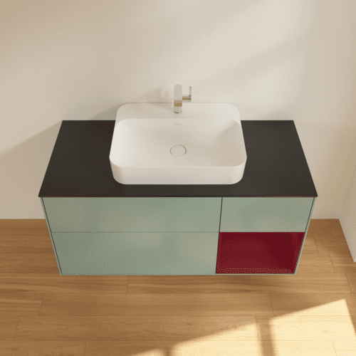 VILLEROY BOCH Toaletní skříňka Finion, s osvětlením, 3 výsuvy, 1200 x 603 x 501 mm, olivový matný lak / pivoňkový matný lak / černé matné sklo #F422HBGM, obrázek 4