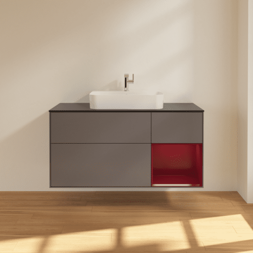 VILLEROY BOCH Toaletní skříňka Finion, s osvětlením, 3 výsuvy, 1200 x 603 x 501 mm, antracitový matný lak / pivoňkový matný lak / černé matné sklo #F422HBGK, obrázek 3