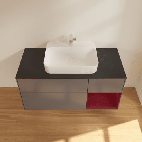 VILLEROY BOCH Toaletní skříňka Finion, s osvětlením, 3 výsuvy, 1200 x 603 x 501 mm, antracitový matný lak / pivoňkový matný lak / černé matné sklo #F422HBGK, obrázek 4