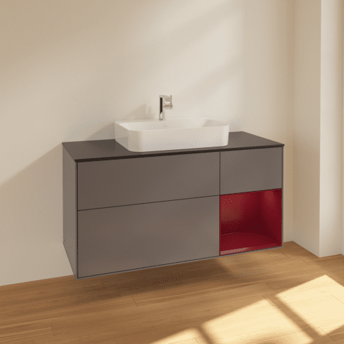 VILLEROY BOCH Toaletní skříňka Finion, s osvětlením, 3 výsuvy, 1200 x 603 x 501 mm, antracitový matný lak / pivoňkový matný lak / černé matné sklo #F422HBGK, obrázek 2