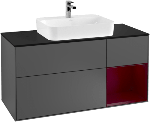 VILLEROY BOCH Toaletní skříňka Finion, s osvětlením, 3 výsuvy, 1200 x 603 x 501 mm, antracitový matný lak / pivoňkový matný lak / černé matné sklo #F422HBGK