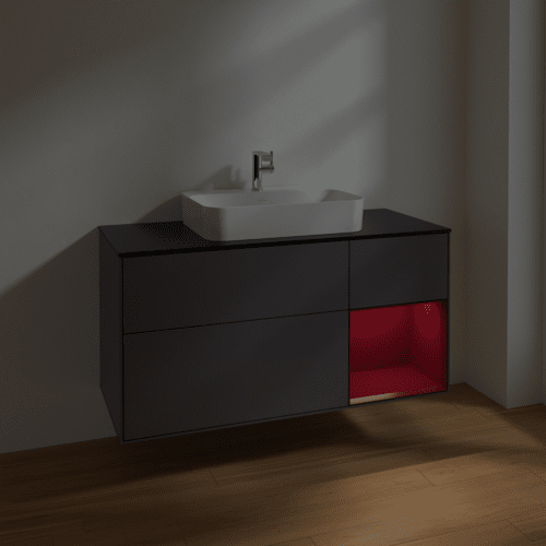 VILLEROY BOCH Toaletní skříňka Finion, s osvětlením, 3 výsuvy, 1200 x 603 x 501 mm, antracitový matný lak / pivoňkový matný lak / černé matné sklo #F422HBGK, obrázek 5