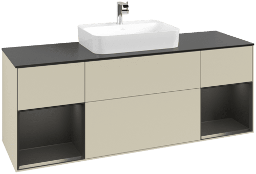 VILLEROY BOCH Toaletní skříňka Finion, s osvětlením, 4 výsuvy, 1600 x 603 x 501 mm, hedvábně šedý matný lak / černý matný lak / černé matné sklo #F452PDHJ