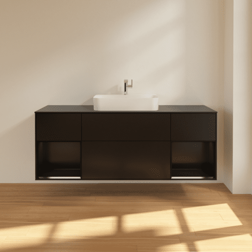 VILLEROY BOCH Toaletní skříňka Finion, s osvětlením, 4 výsuvy, 1600 x 603 x 501 mm, černý matný lak / černý matný lak / černé matné sklo #F452PDPD, obrázek 3