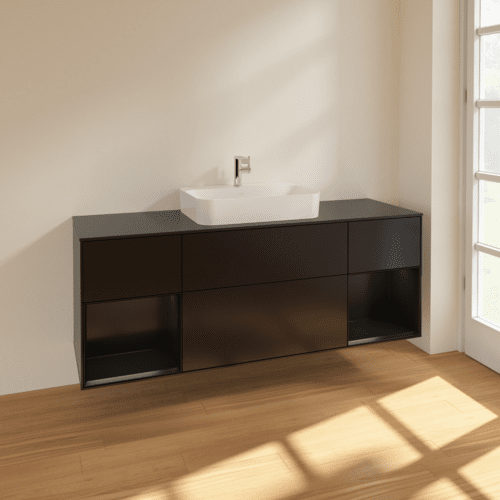 VILLEROY BOCH Toaletní skříňka Finion, s osvětlením, 4 výsuvy, 1600 x 603 x 501 mm, černý matný lak / černý matný lak / černé matné sklo #F452PDPD, obrázek 2