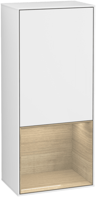 VILLEROY BOCH Boční skříňka Finion, s osvětlením, 1 dvířka, 418 x 936 x 270 mm, lesklý bílý lak / dubová dýha #F550PCGF