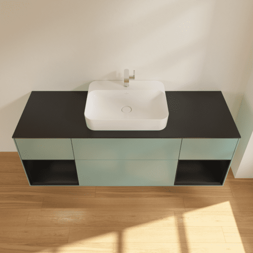 VILLEROY BOCH Toaletní skříňka Finion, s osvětlením, 4 výsuvy, 1600 x 603 x 501 mm, olivový matný lak / černý matný lak / černé matné sklo #F452PDGM, obrázek 4