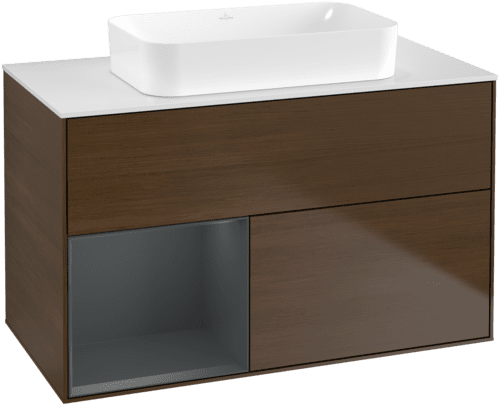 VILLEROY BOCH Toaletní skříňka Finion, s osvětlením, 2 výsuvy, 1000 x 603 x 501 mm, ořechová dýha / půlnočně modrý matný lak / sklo bílé matné #F651HGGN
