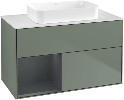 VILLEROY BOCH Toaletní skříňka Finion, s osvětlením, 2 výsuvy, 1000 x 603 x 501 mm, olivový matný lak / půlnoční modrý matný lak / bílé matné sklo #F651HGGM
