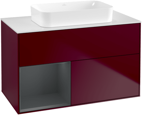 VILLEROY BOCH Toaletní skříňka Finion, s osvětlením, 2 výsuvy, 1000 x 603 x 501 mm, Pivoňka matný lak / Půlnoční modrá matný lak / Sklo bílé matné #F651HGHB