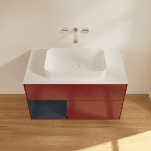 VILLEROY BOCH Toaletní skříňka Finion, s osvětlením, 2 výsuvy, 1000 x 603 x 501 mm, Pivoňka matný lak / Půlnoční modrá matný lak / Sklo bílé matné #F651HGHB, obrázek 4