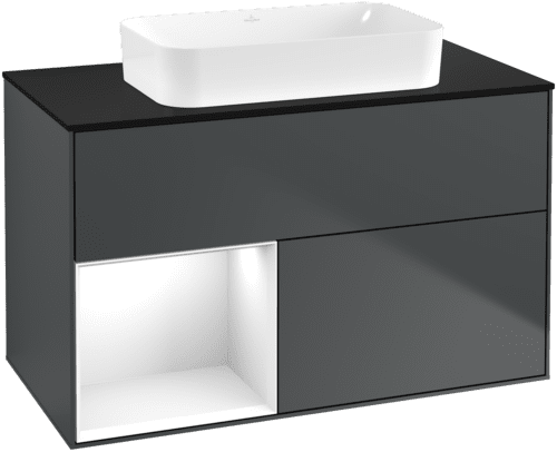 VILLEROY BOCH Toaletní skříňka Finion, s osvětlením, 2 výsuvy, 1000 x 603 x 501 mm, Midnight Blue Matt Lacquer / Glossy White Lacquer / Glass Black Matt #F652GFHG
